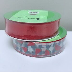New Premium wired edge ribbon, 50 yds x2, one solid red & one plaid watermelon